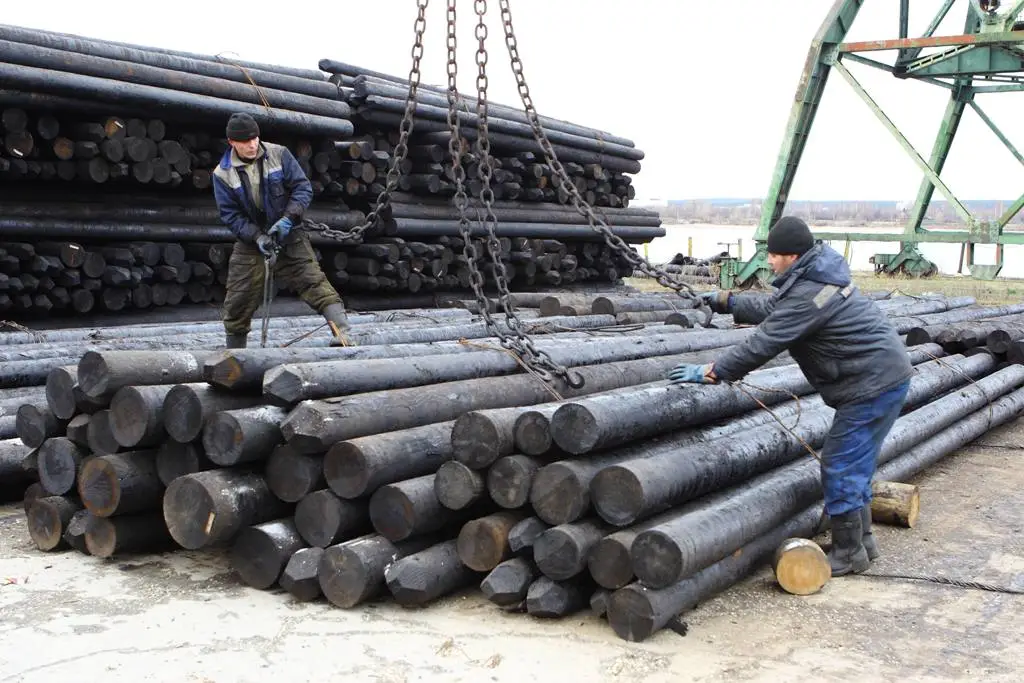 Bundle of creosote treated wooden poles lifted by crane for shipment